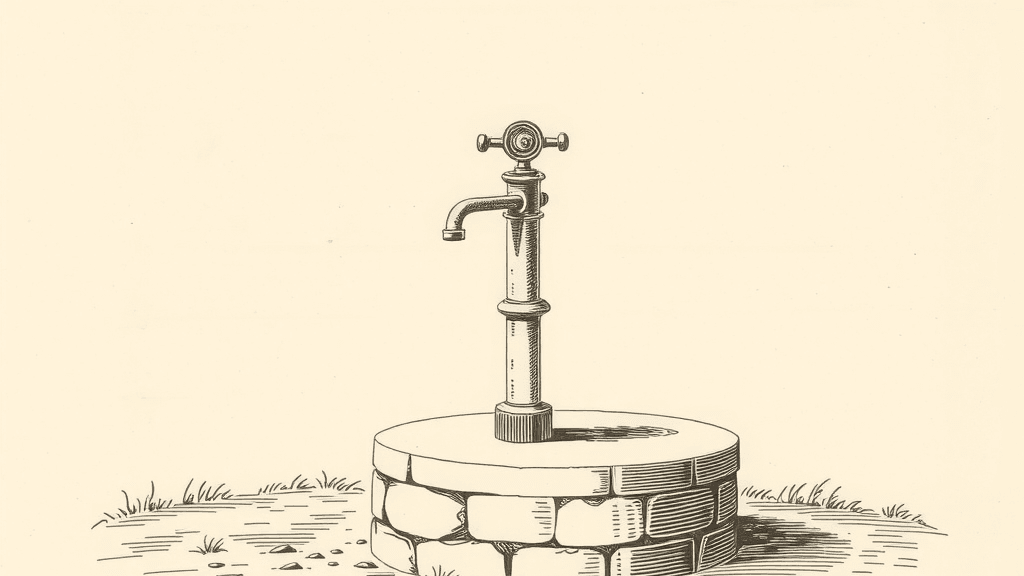 Engraving of a cast-iron hand pump with a curved spout standing on a round stone well in open grass.