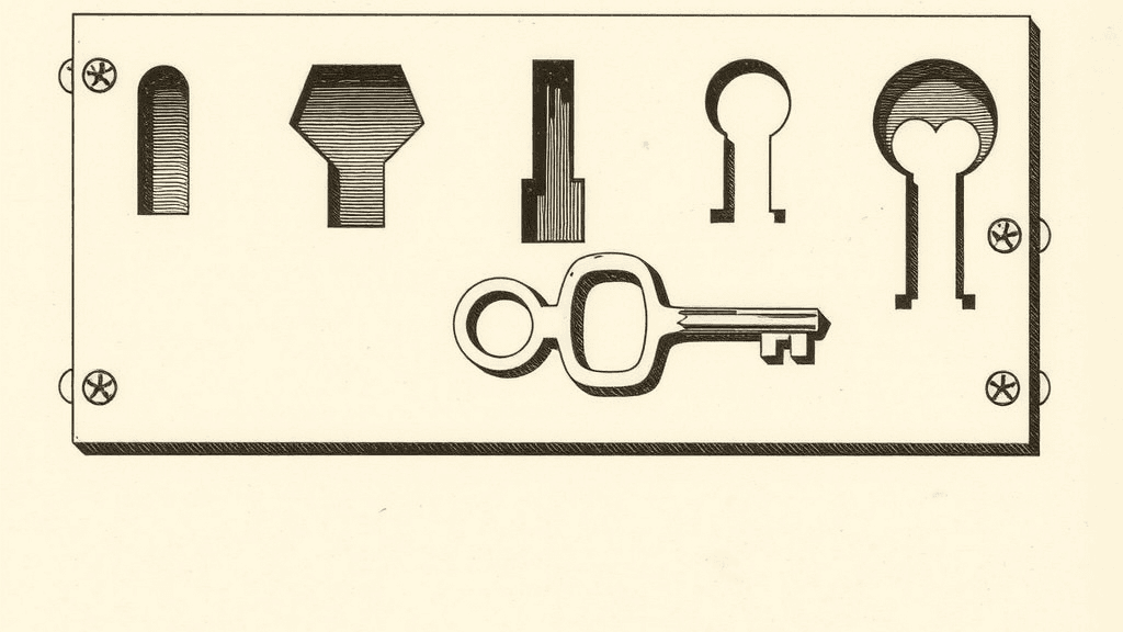 Engraving of a metal plate with differently shaped keyhole slots and a single key lying beside them.